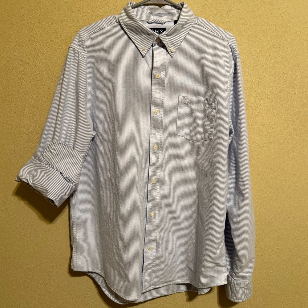 Chaps Blue & White Seersucker Button Down Shirt Men’s Large 100% Cotton Coastal